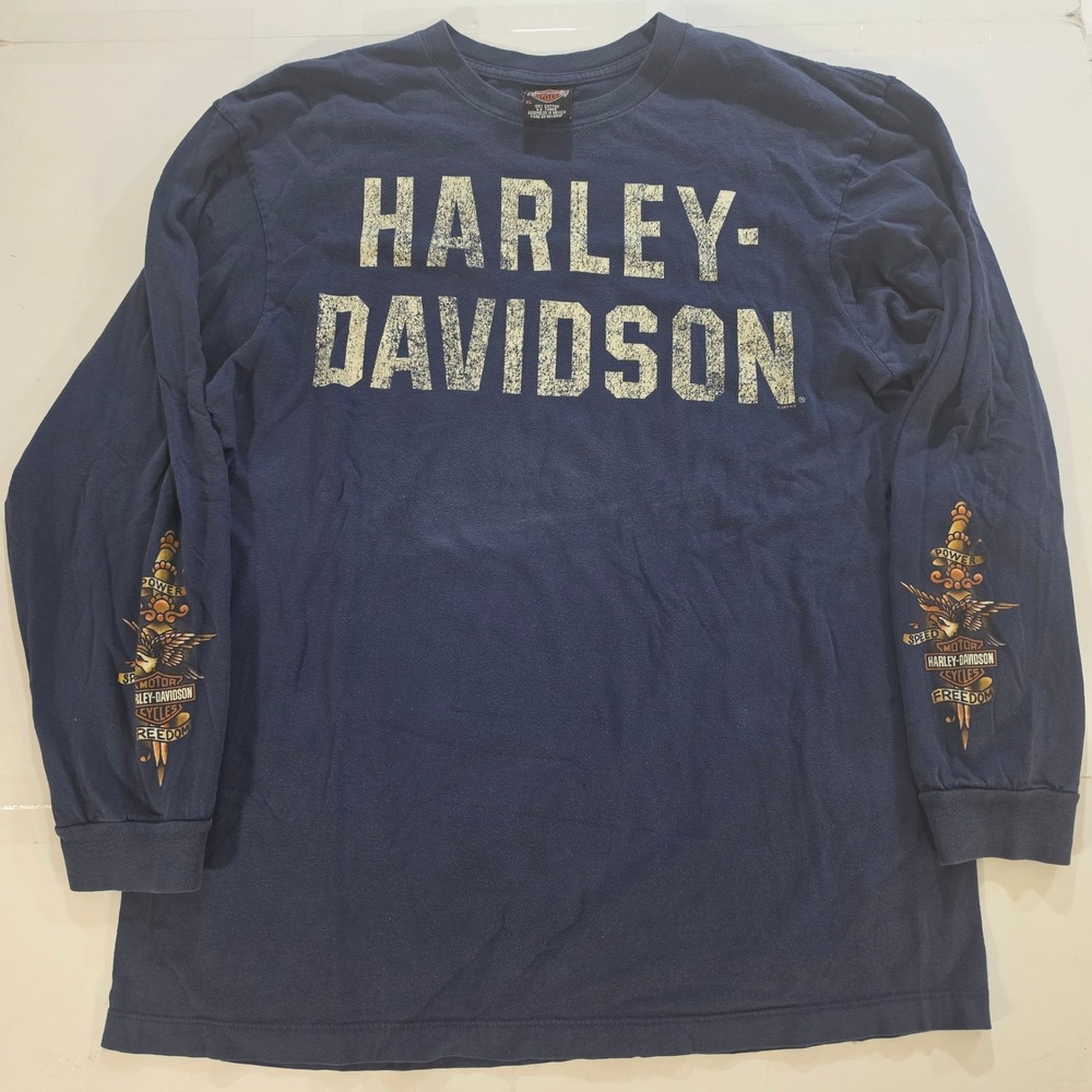 Vintage 2007 Harley Davidson Navy Blue Long Sleeve Graphic‎ T-Shirt Mens XL